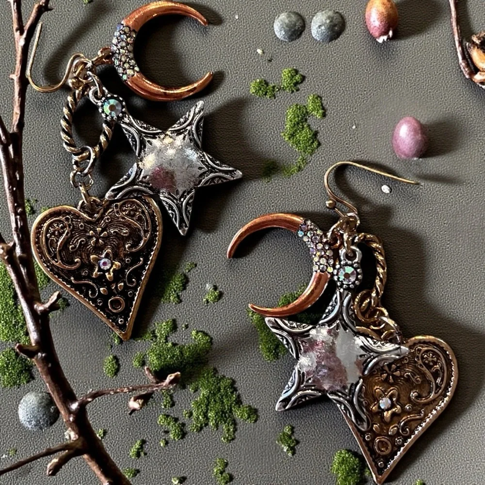 Boho Silver, Copper, and Bronze Toned Star and Heart Earrings Celestial Witchy